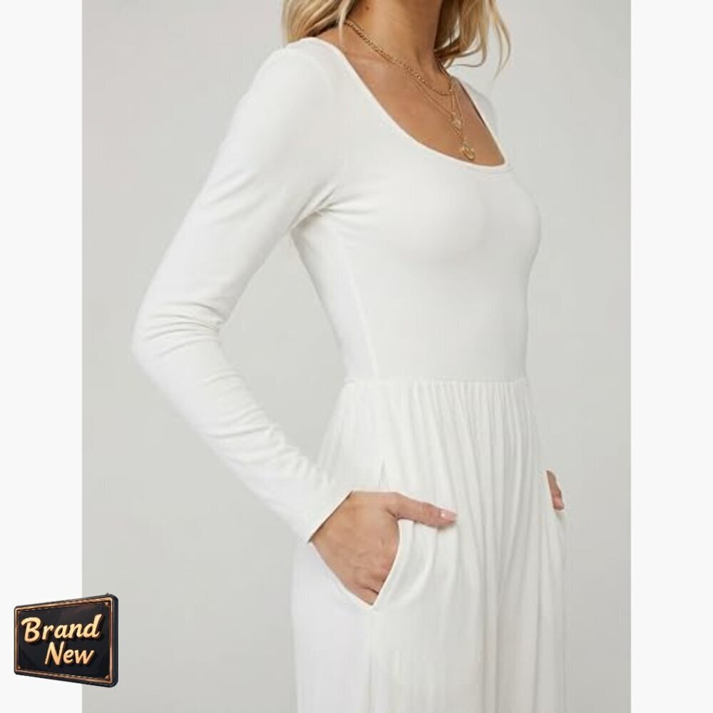 Long Sleeve Square Neck Jumpsuit with Pockets, Wide Leg, Medium - Picture 4 of 6